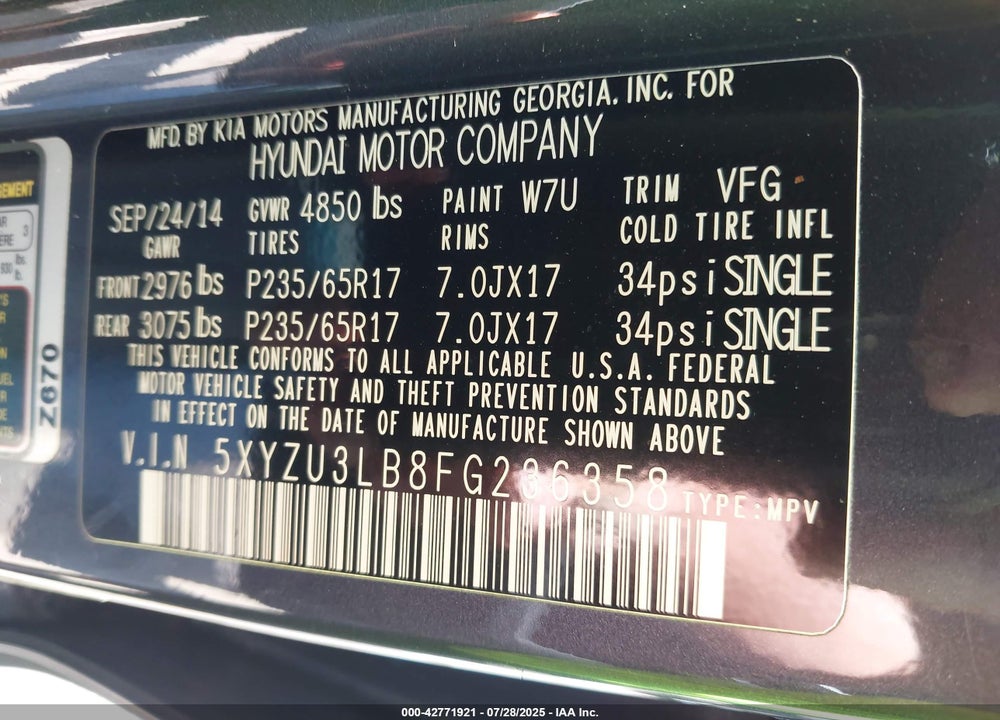 2015 HYUNDAI SANTA FE VIN: 5XYZU3LB8FG236358