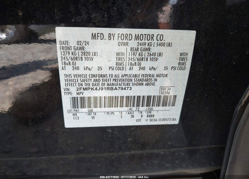 2024 FORD EDGE SEL VIN: 2FMPK4J91RBA79473
