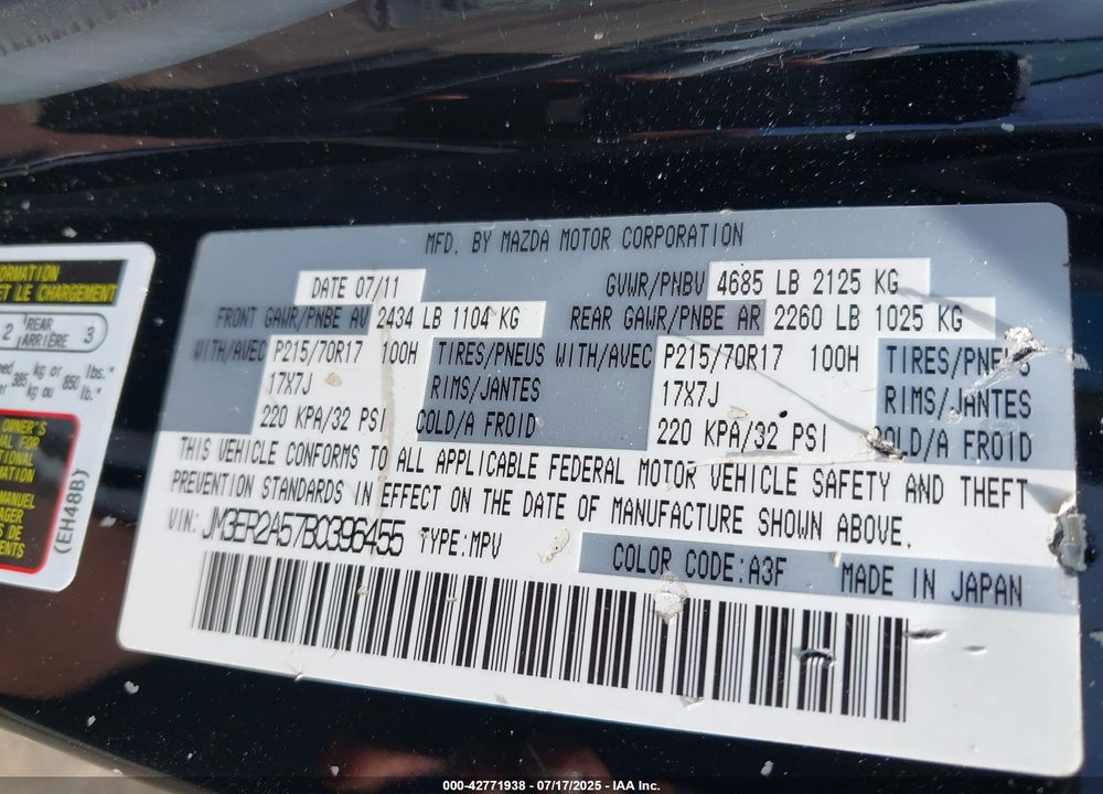 2011 MAZDA CX-7 VIN: JM3ER2A57B0396455