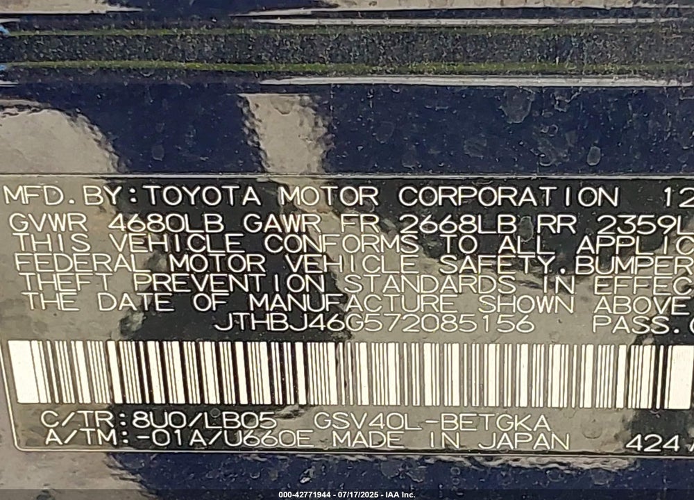 2007 LEXUS ES350 VIN: JTHBJ46G572085156