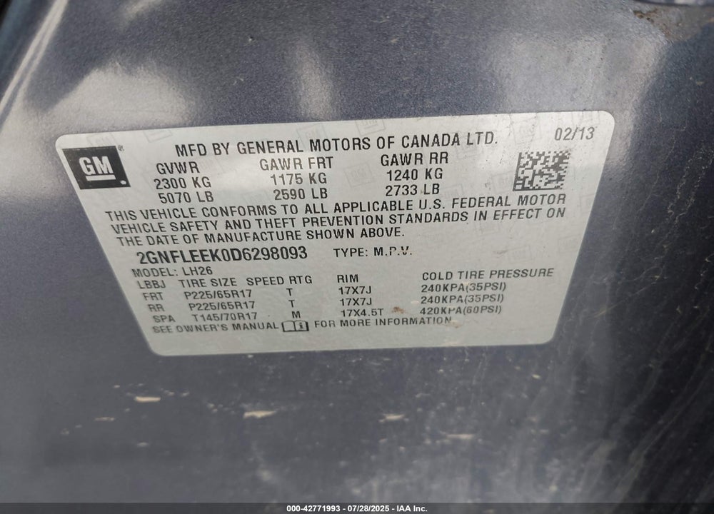 2013 CHEVROLET EQUINOX 1LT VIN: 2GNFLEEK0D6298093