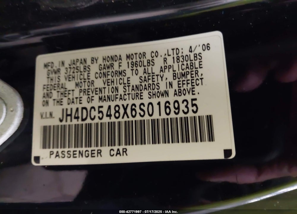 2006 ACURA RSX VIN: JH4DC548X6S016935