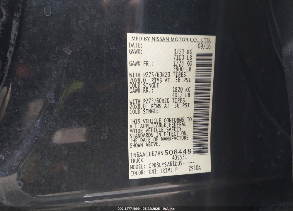 2017 NISSAN TITAN PLATINUM RESERVE VIN: 1N6AA1E67HN508448