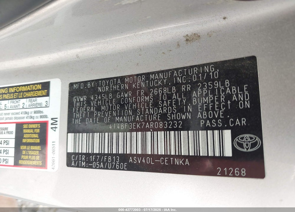 2010 TOYOTA CAMRY VIN: 4T4BF3EK7AR083232