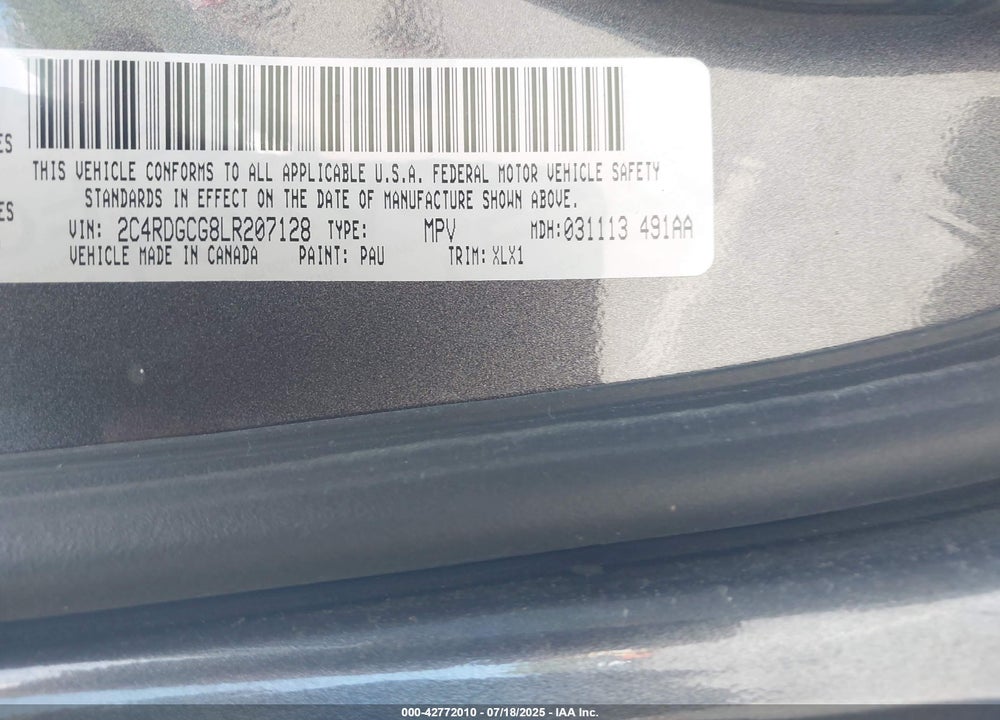 2020 DODGE GRAND CARAVAN SXT VIN: 2C4RDGCG8LR207128