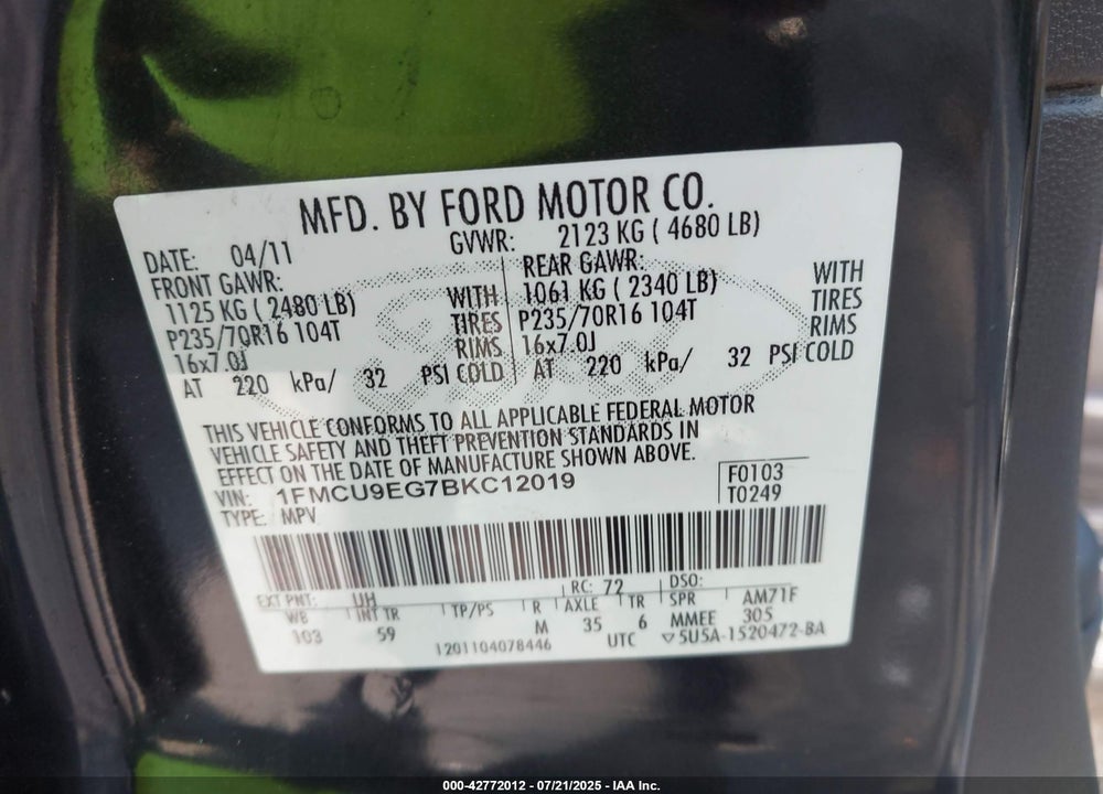 2011 FORD ESCAPE VIN: 1FMCU9EG7BKC12019