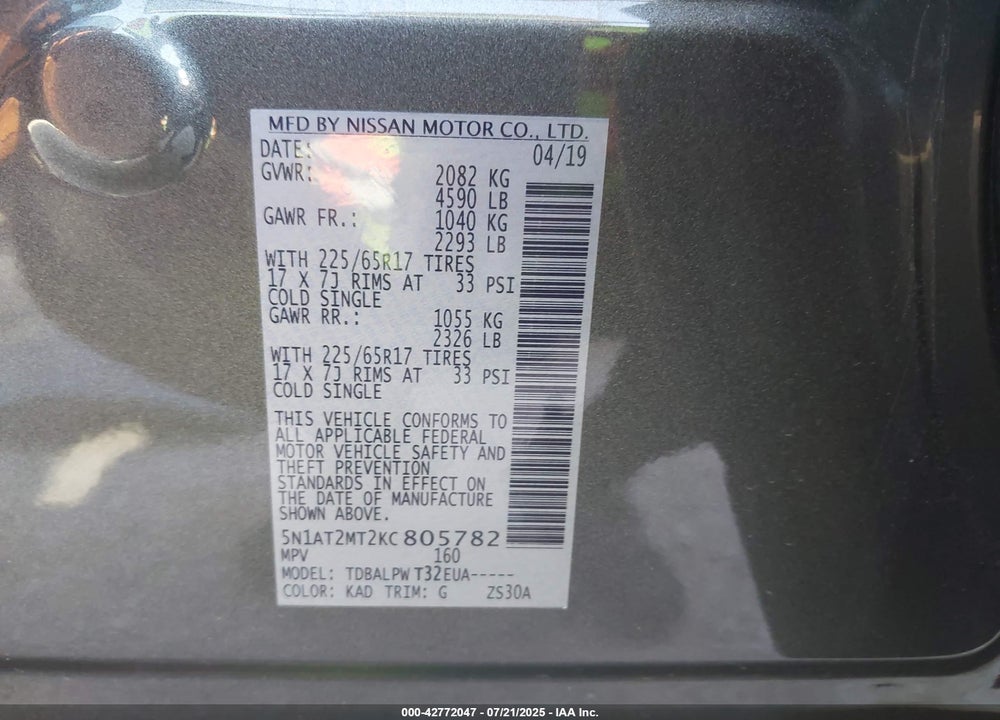 2019 NISSAN ROGUE VIN: 5N1AT2MT2KC805782