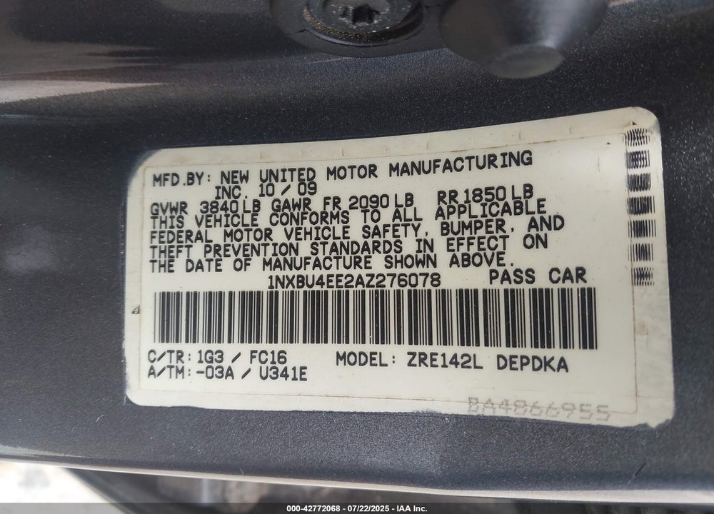 2010 TOYOTA COROLLA VIN: 1NXBU4EE2AZ276078