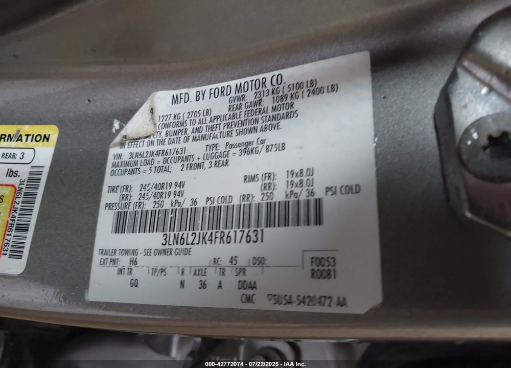 2015 LINCOLN MKZ VIN: 3LN6L2JK4FR617631