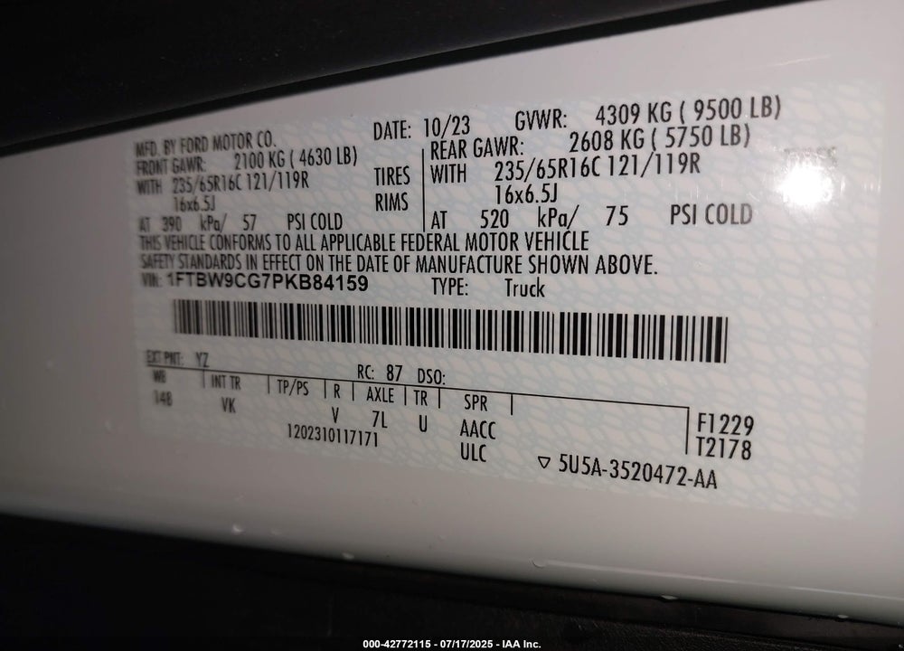 2023 FORD TRANSIT-350 VIN: 1FTBW9CG7PKB84159
