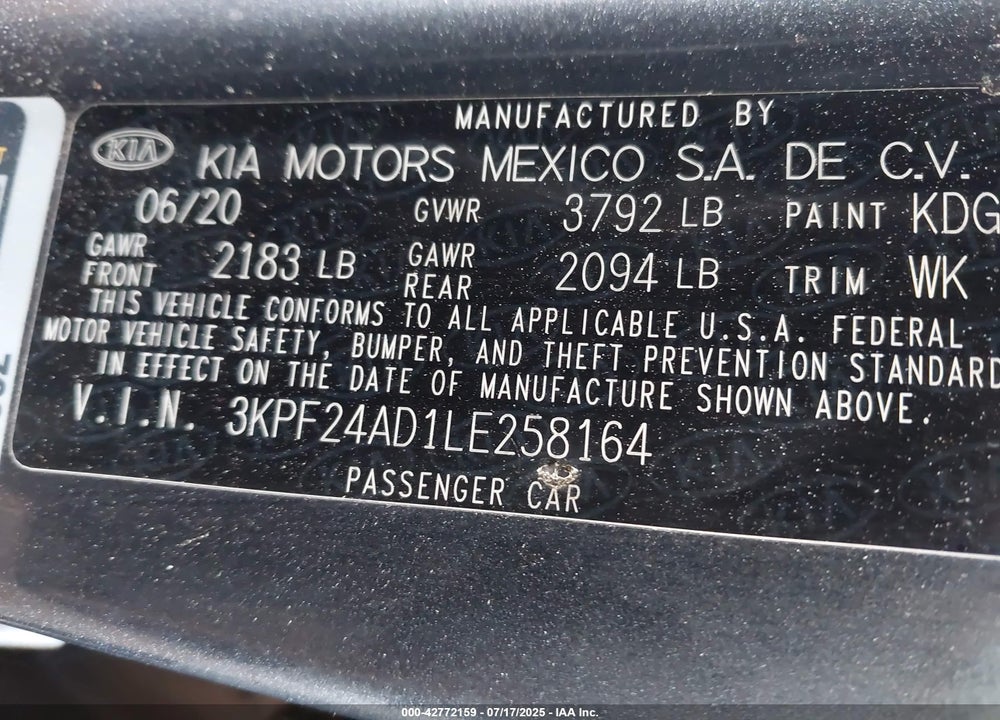 2020 KIA FORTE VIN: 3KPF24AD1LE258164