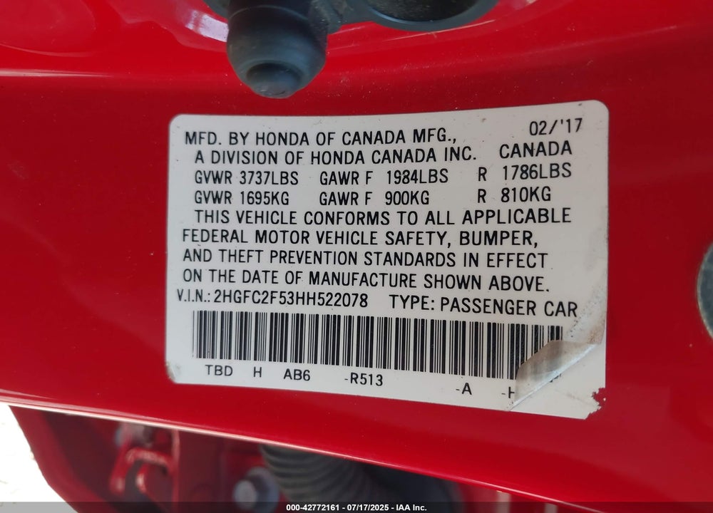 2017 HONDA CIVIC VIN: 2HGFC2F53HH522078