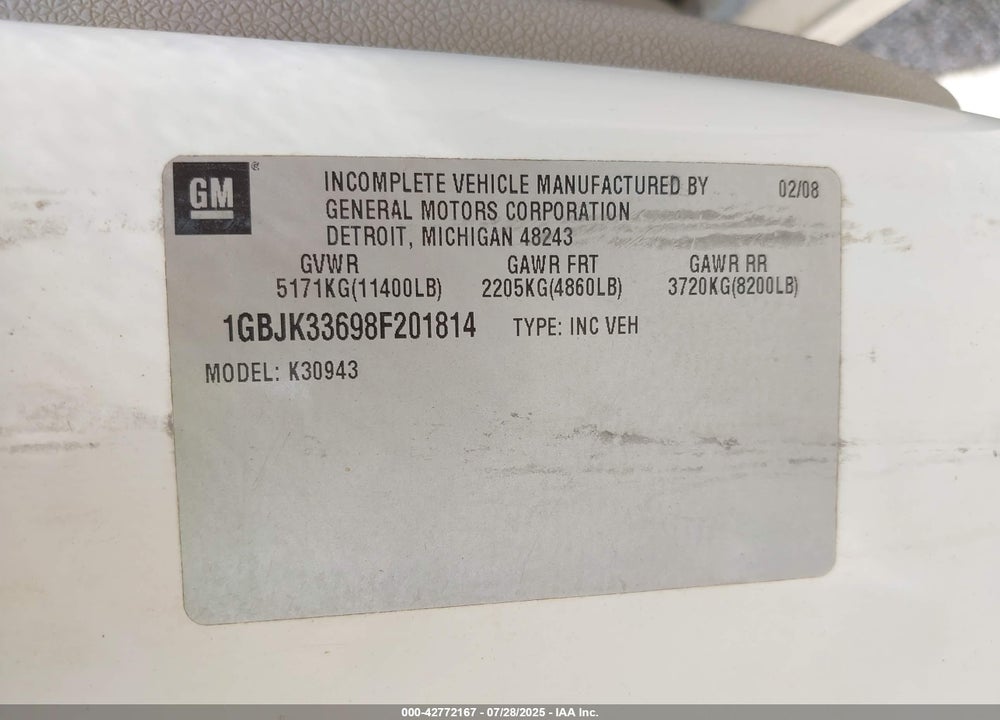 2008 CHEVROLET SILVERADO 3500HD WORK TRUCK VIN: 1GBJK33698F201814