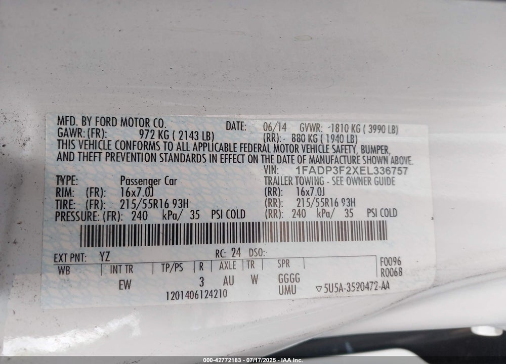 2014 FORD FOCUS VIN: 1FADP3F2XEL336757