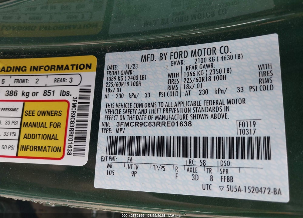 2024 FORD BRONCO SPORT VIN: 3FMCR9C63RRE01638
