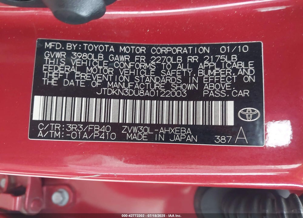 2010 TOYOTA PRIUS VIN: JTDKN3DU8A0122003