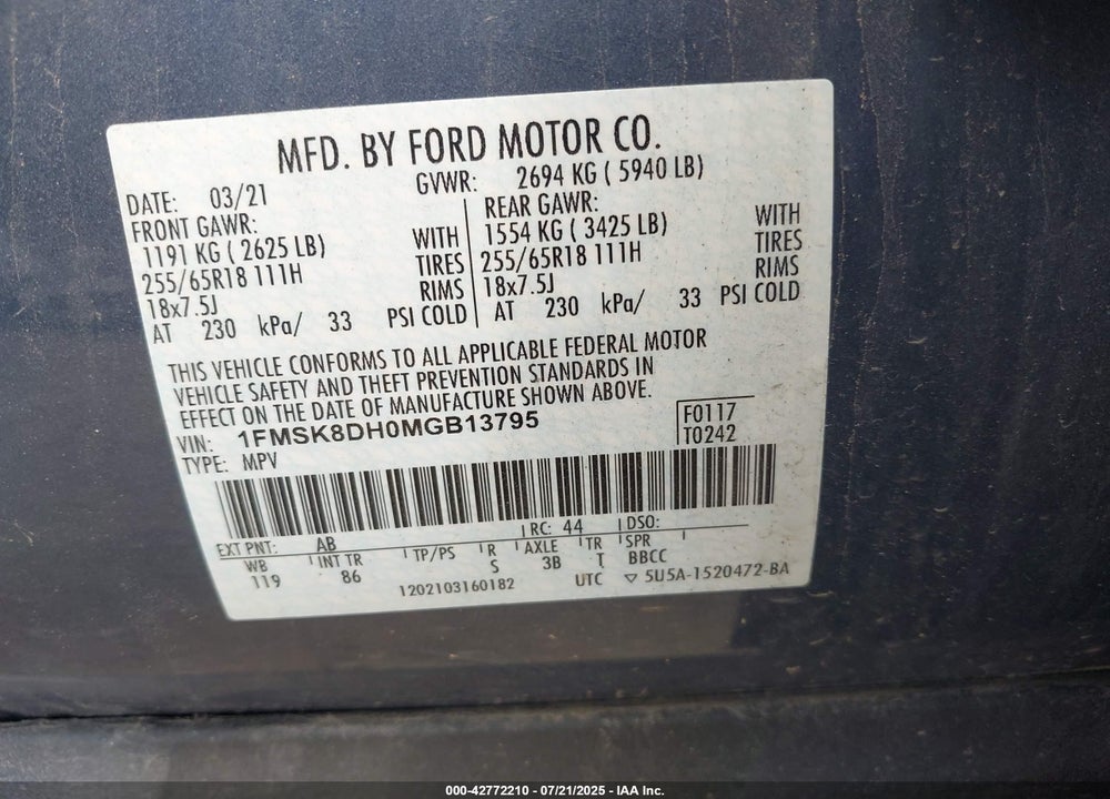 2021 FORD EXPLORER VIN: 1FMSK8DH0MGB13795