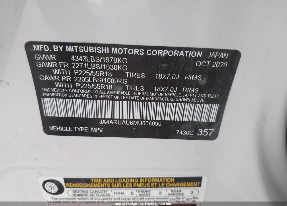 2021 MITSUBISHI OUTLANDER SPORT VIN: JA4ARUAU6MU006090