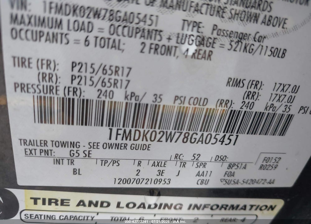 2008 FORD TAURUS X VIN: 1FMDK02W78GA05451
