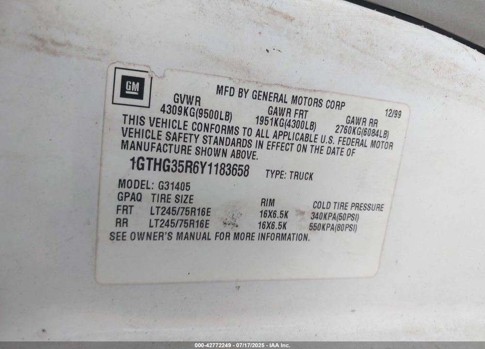 2000 GMC SAVANA STANDARD VIN: 1GTHG35R6Y1183658
