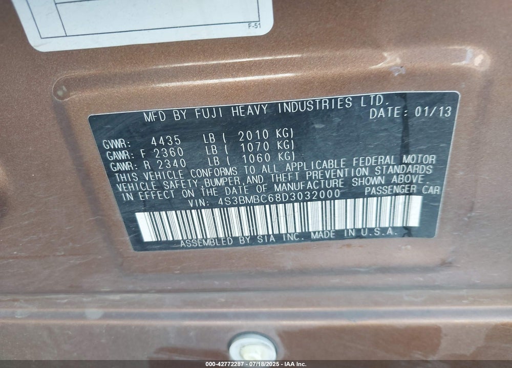 2013 SUBARU LEGACY 2.5I PREMIUM VIN: 4S3BMBC68D3032000