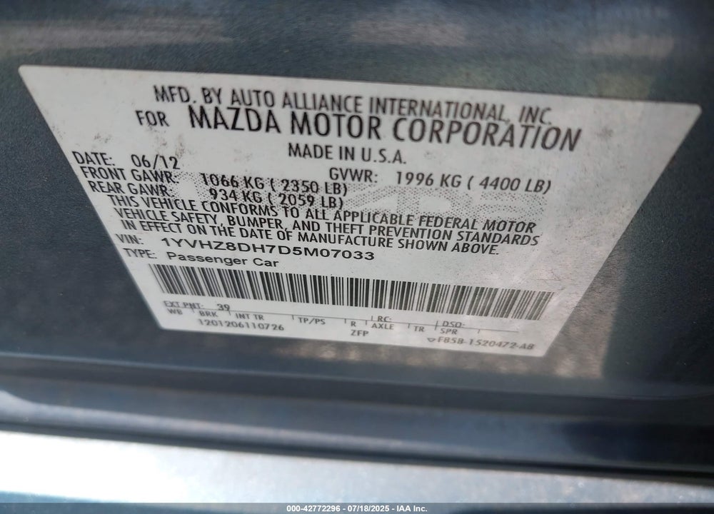 2013 MAZDA 6 I TOURING VIN: 1YVHZ8DH7D5M07033