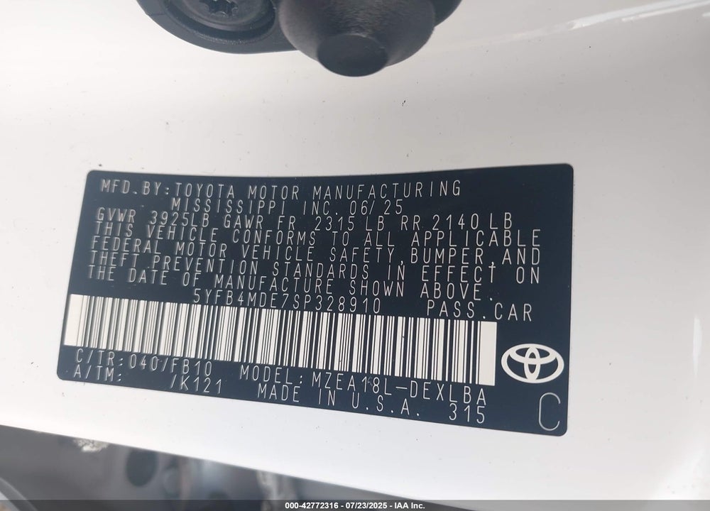 2025 TOYOTA COROLLA VIN: 5YFB4MDE7SP328910