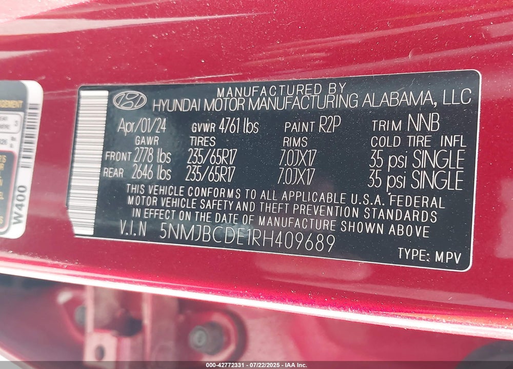 2024 HYUNDAI TUCSON VIN: 5NMJBCDE1RH409689