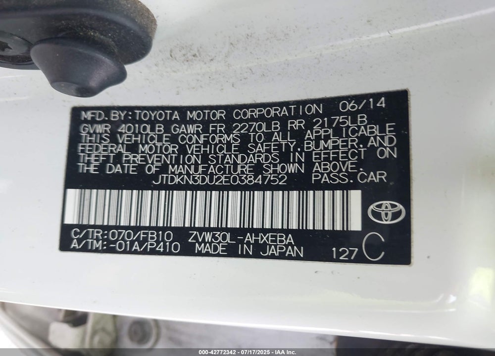 2014 TOYOTA PRIUS VIN: JTDKN3DU2E0384752