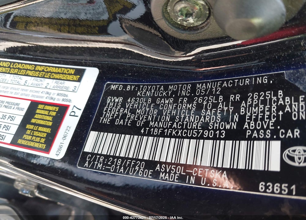 2012 TOYOTA CAMRY VIN: 4T1BF1FKXCU579013