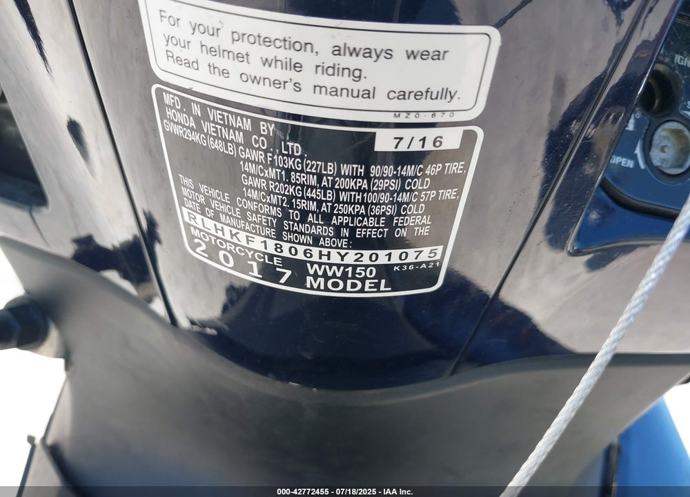2017 HONDA PCX VIN: RLHKF1806HY201075