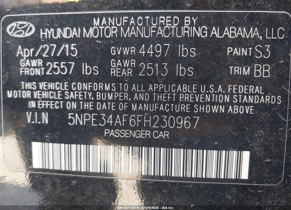 2015 HYUNDAI SONATA VIN: 5NPE34AF6FH230967