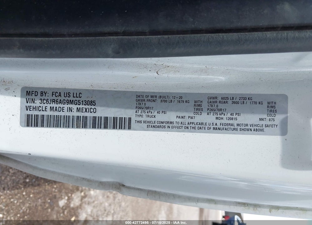 2021 RAM 1500 CLASSIC VIN: 3C6JR6AG9MG513085