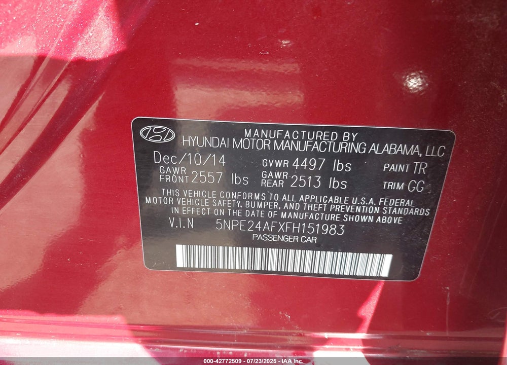 2015 HYUNDAI SONATA VIN: 5NPE24AFXFH151983