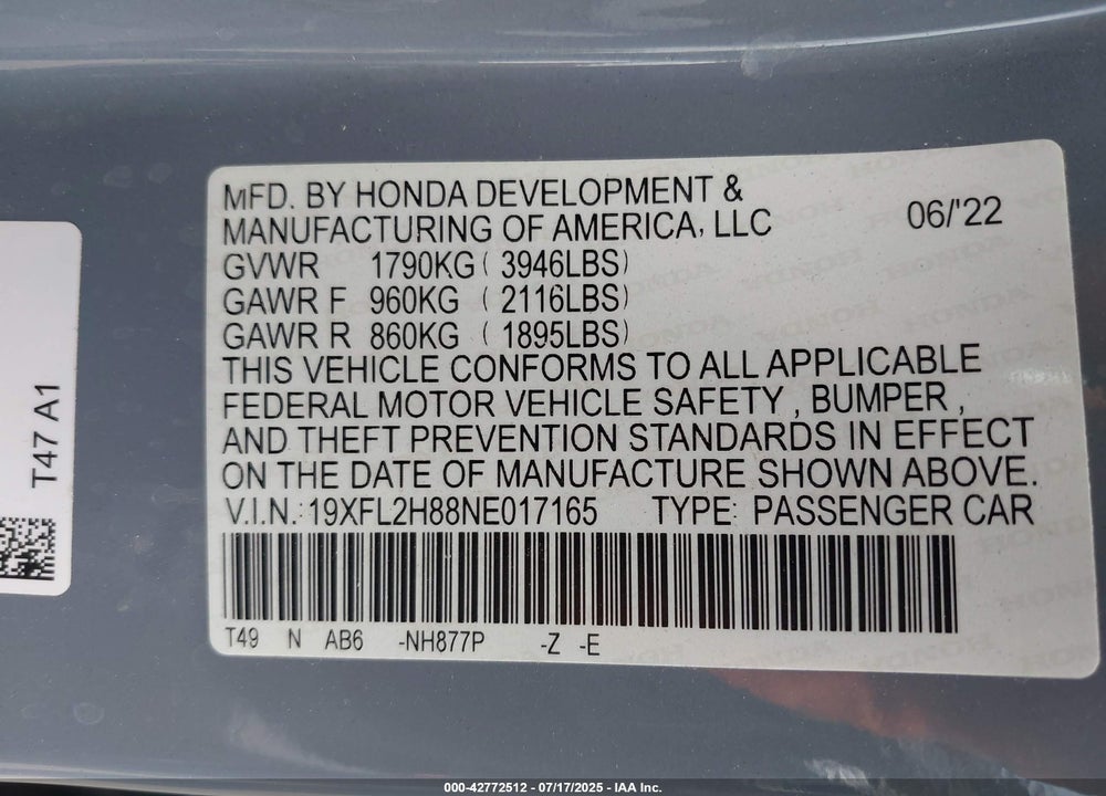 2022 HONDA CIVIC VIN: 19XFL2H88NE017165