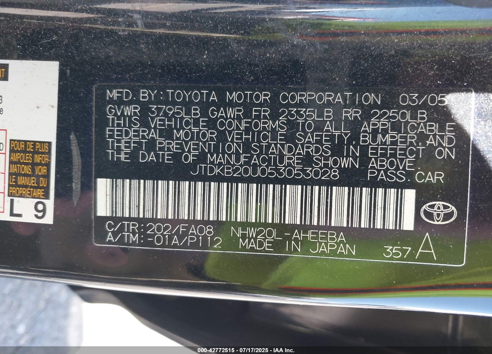 2005 TOYOTA PRIUS VIN: JTDKB20U053053028