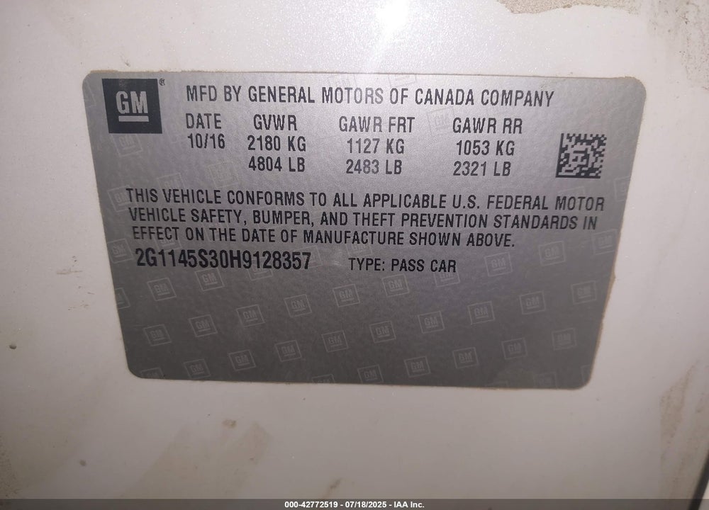 2017 CHEVROLET IMPALA VIN: 2G1145S30H9128357