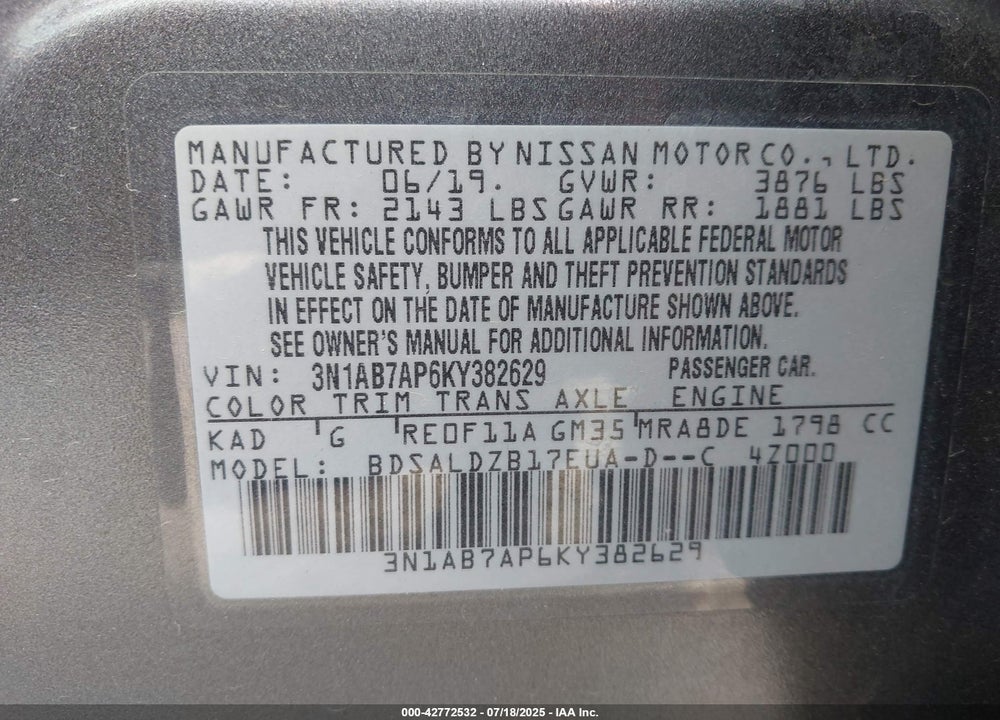 2019 NISSAN SENTRA VIN: 3N1AB7AP6KY382629