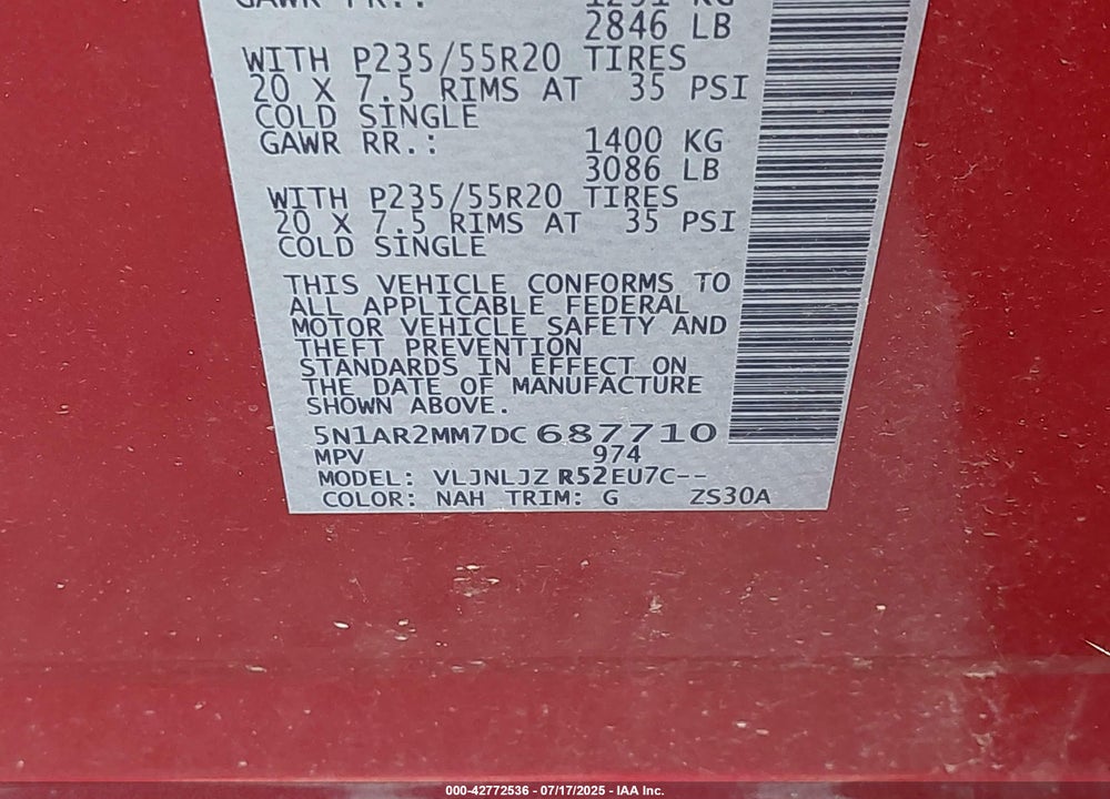 2013 NISSAN PATHFINDER VIN: 5N1AR2MM7DC687710