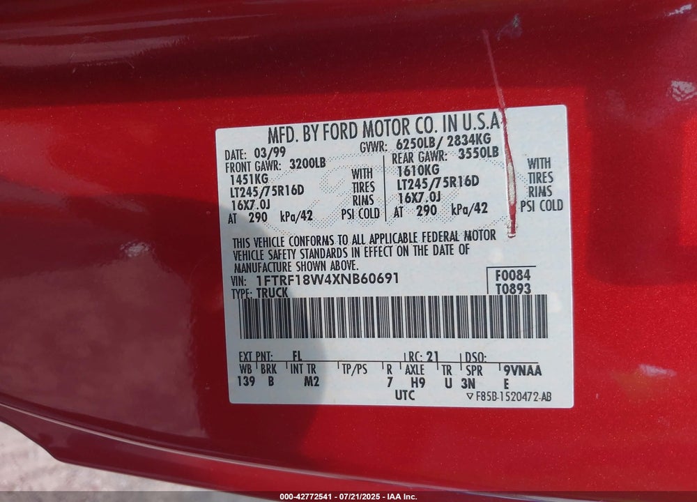 1999 FORD F-150 LARIAT/WORK SERIES/XL/XLT VIN: 1FTRF18W4XNB60691