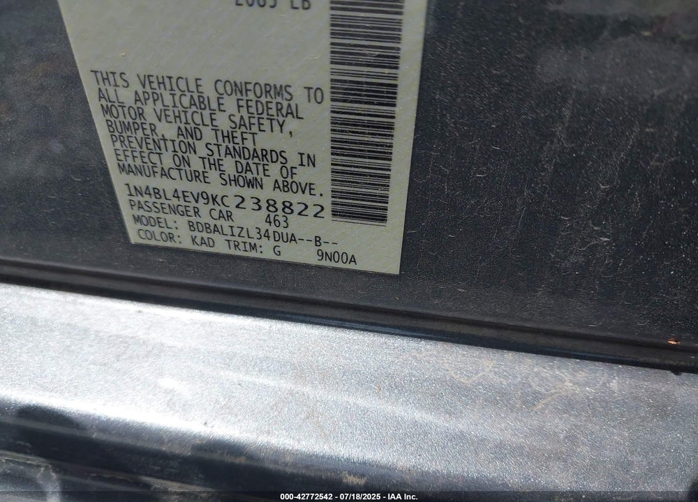 2019 NISSAN ALTIMA VIN: 1N4BL4EV9KC238822