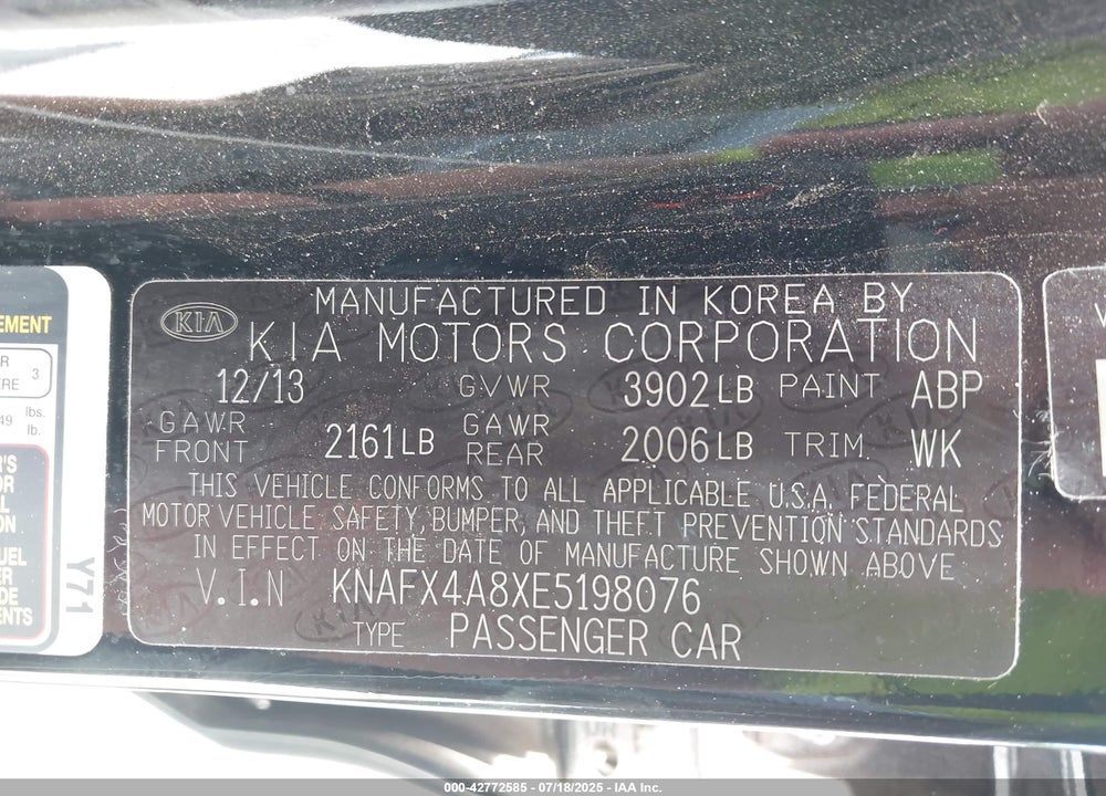 2014 KIA FORTE VIN: KNAFX4A8XE5198076
