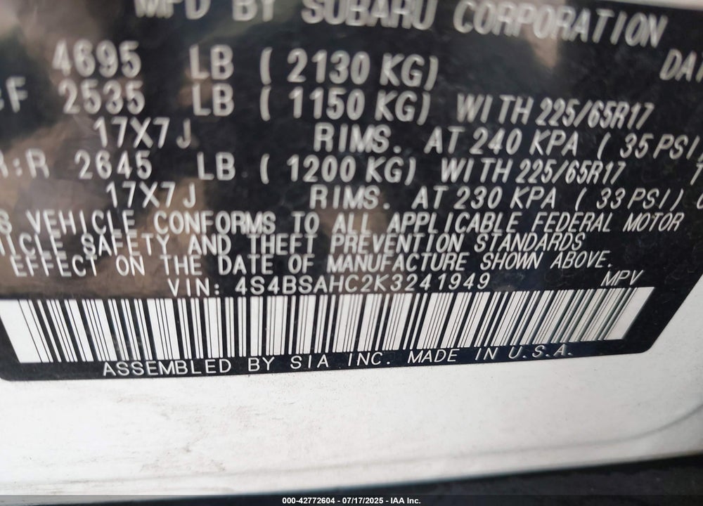 2019 SUBARU OUTBACK VIN: 4S4BSAHC2K3241949