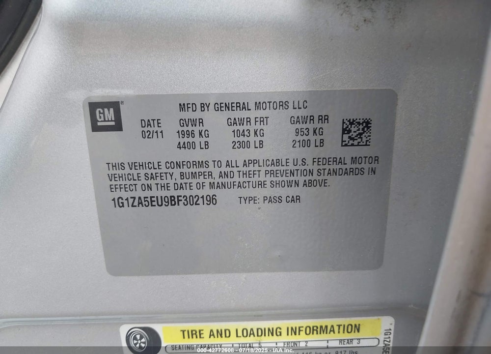 2011 CHEVROLET MALIBU VIN: 1G1ZA5EU9BF302196