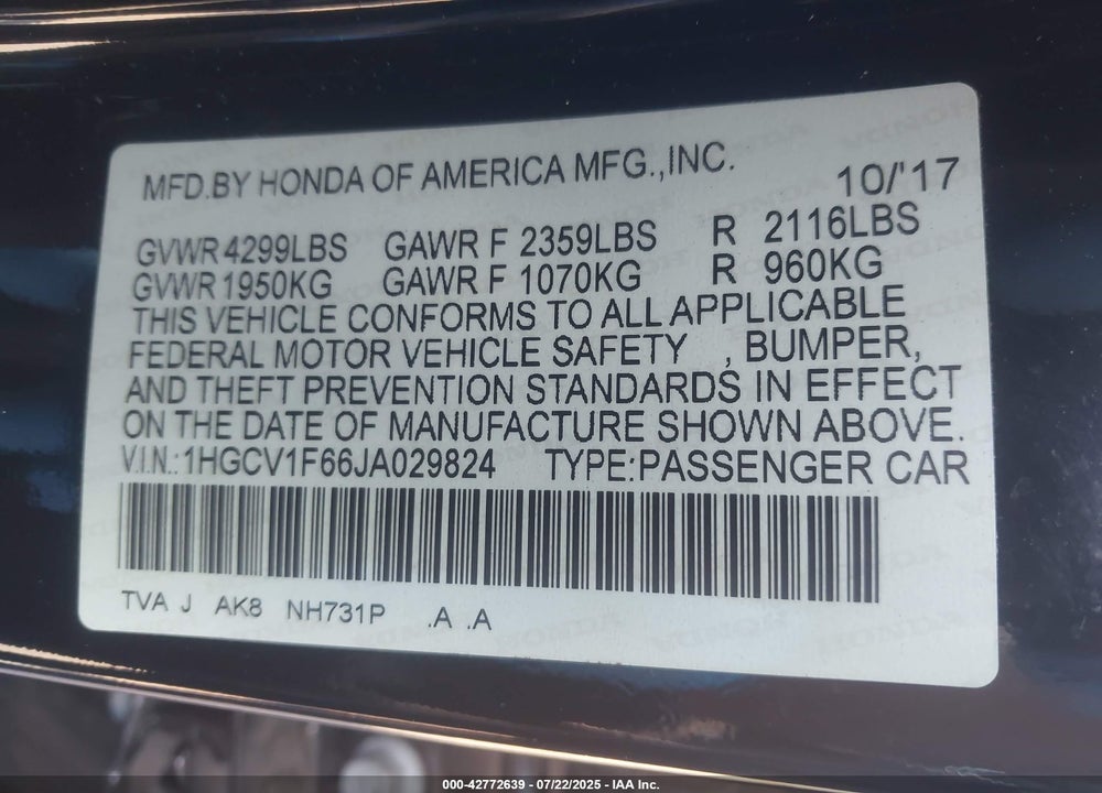 2018 HONDA ACCORD VIN: 1HGCV1F66JA029824