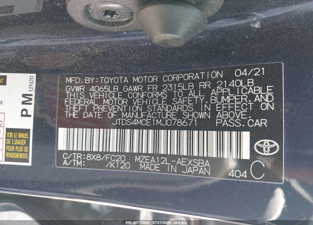 2021 TOYOTA COROLLA VIN: JTDS4MCE1MJ078671