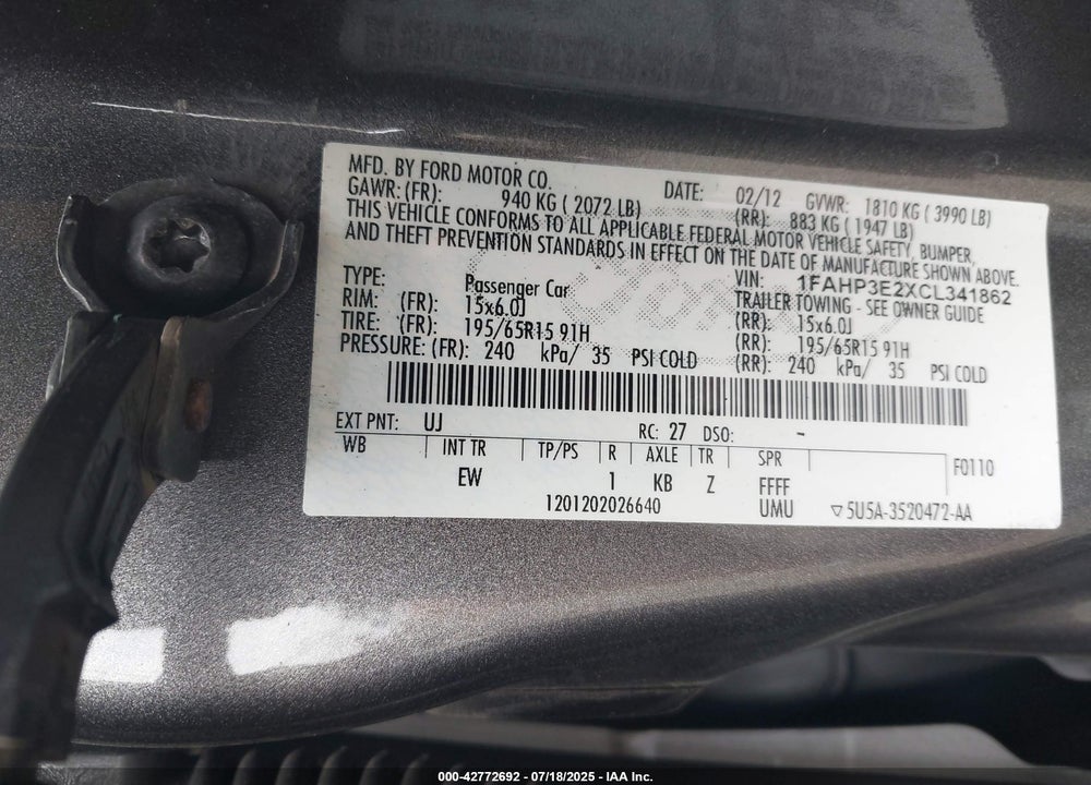 2012 FORD FOCUS VIN: 1FAHP3E2XCL341862