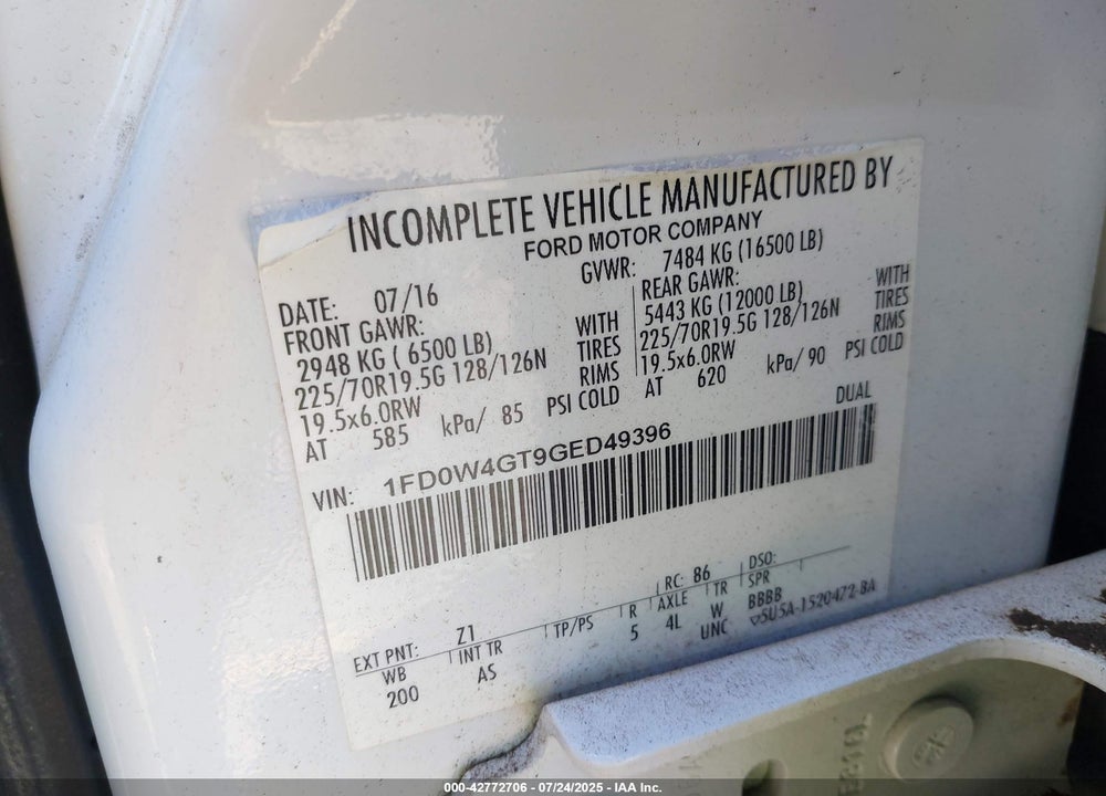 2016 FORD F-450 CHASSIS XL VIN: 1FD0W4GT9GED49396
