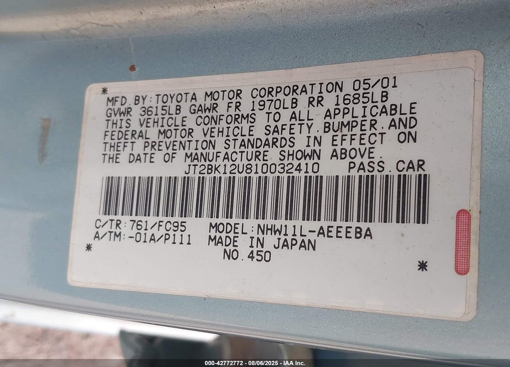 2001 TOYOTA PRIUS VIN: JT2BK12U810032410