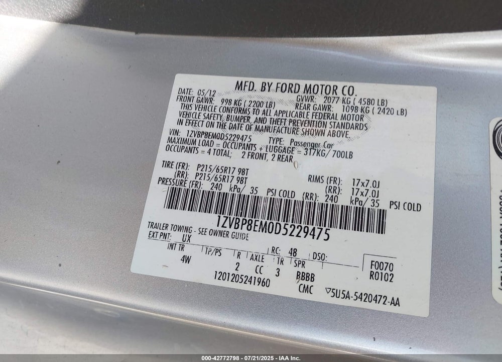 2013 FORD MUSTANG VIN: 1ZVBP8EM0D5229475
